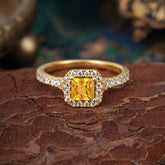 Princess Cut Citrine Engagement Ring Halo Half Eternity Pave Band